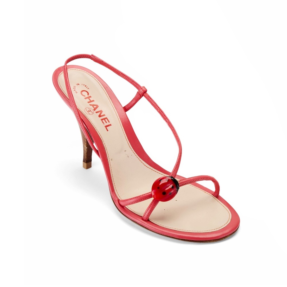 CHANEL S/S 2004 Ladybug Coral Red Leather Slingback Heels